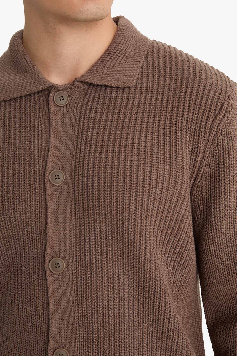 DeFacto Brown Man Standard Fit Polo Collar Knitwear Cardigan Casual - Image 5